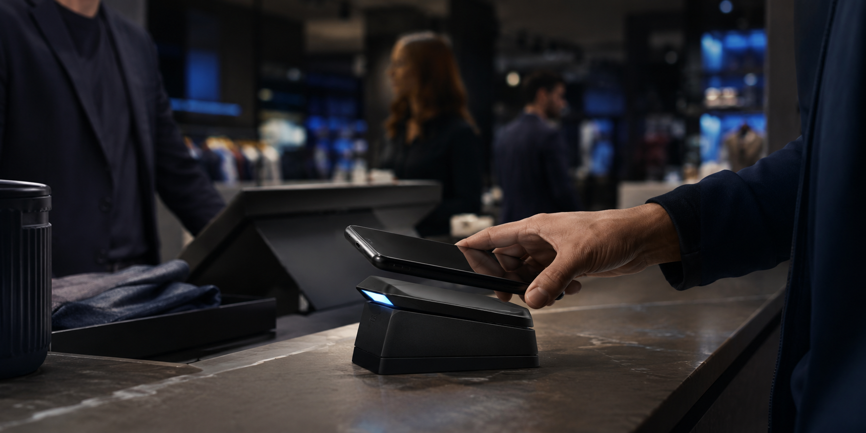 Customer using a mobile wallet at a modern payment terminal